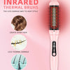 A pink infrared thermal brush with a black handle and bristles, shown next to benefits for shiny hair and reduced thermal dam
