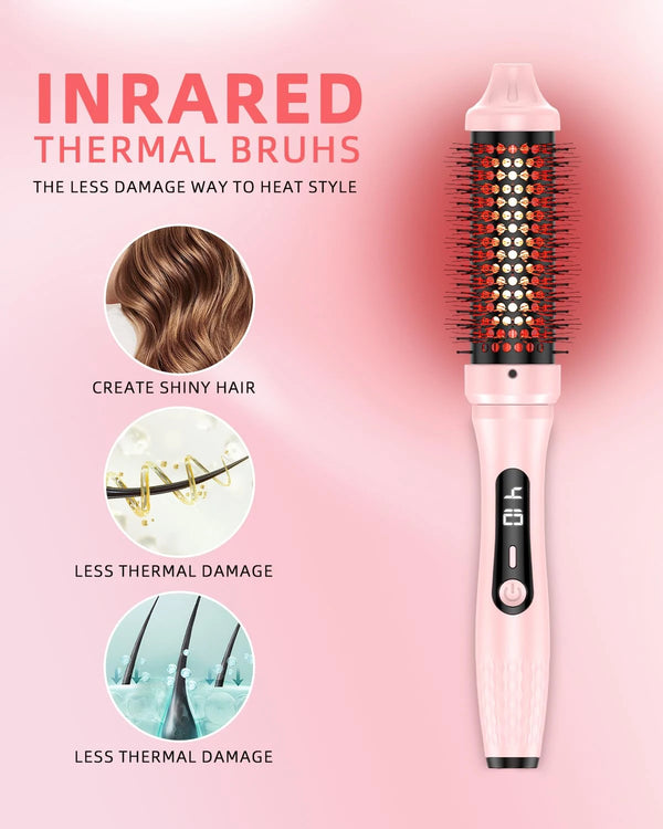 A pink infrared thermal brush with a black handle and bristles, shown next to benefits for shiny hair and reduced thermal dam