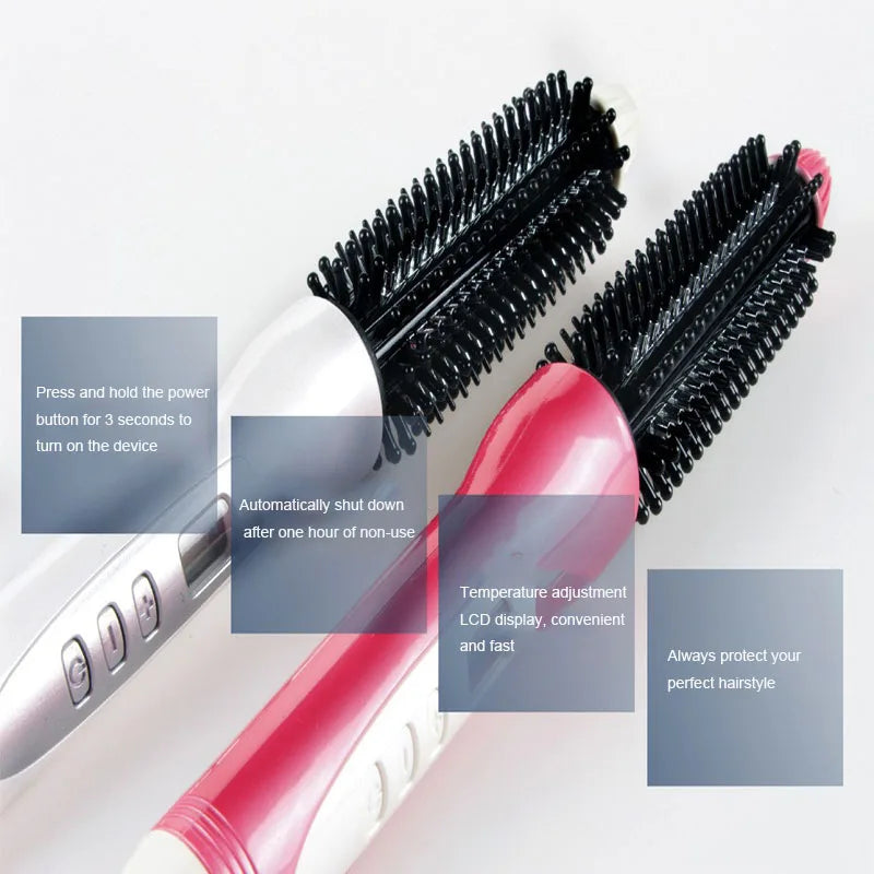 A pink ceramic hair straightener with a black barrel and various functions shown on the device.