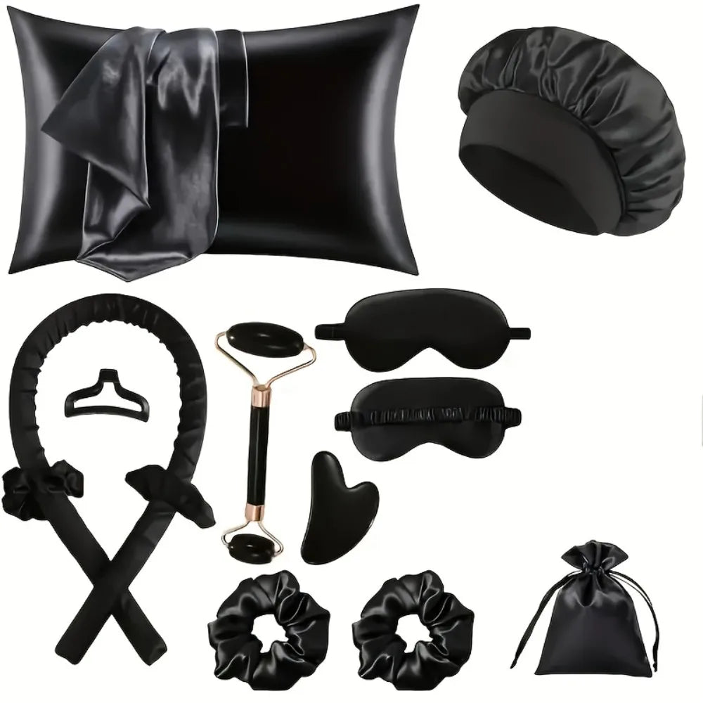 Black heatless curling kit featuring silk accessories including a pillow, rollers, and scrunchies.