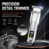 A silver precision detail trimmer is shown next to a close-up of its blade and on a person's scalp.