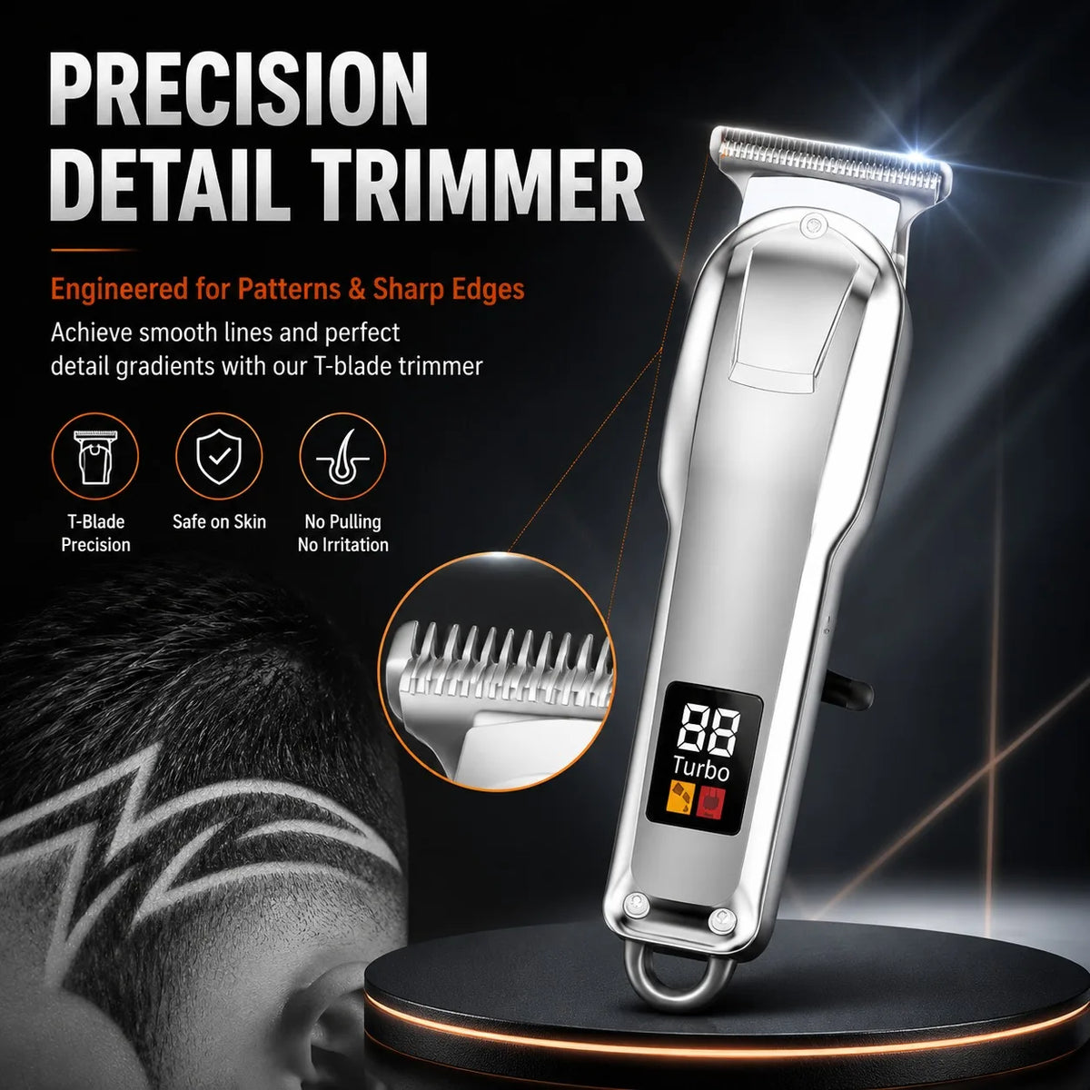 A silver precision detail trimmer is shown next to a close-up of its blade and on a person's scalp.