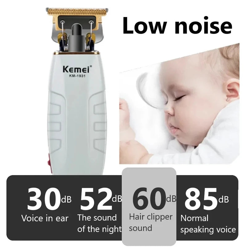 A white Kemei cordless hair clipper trimmer set with various sound decibel levels displayed.