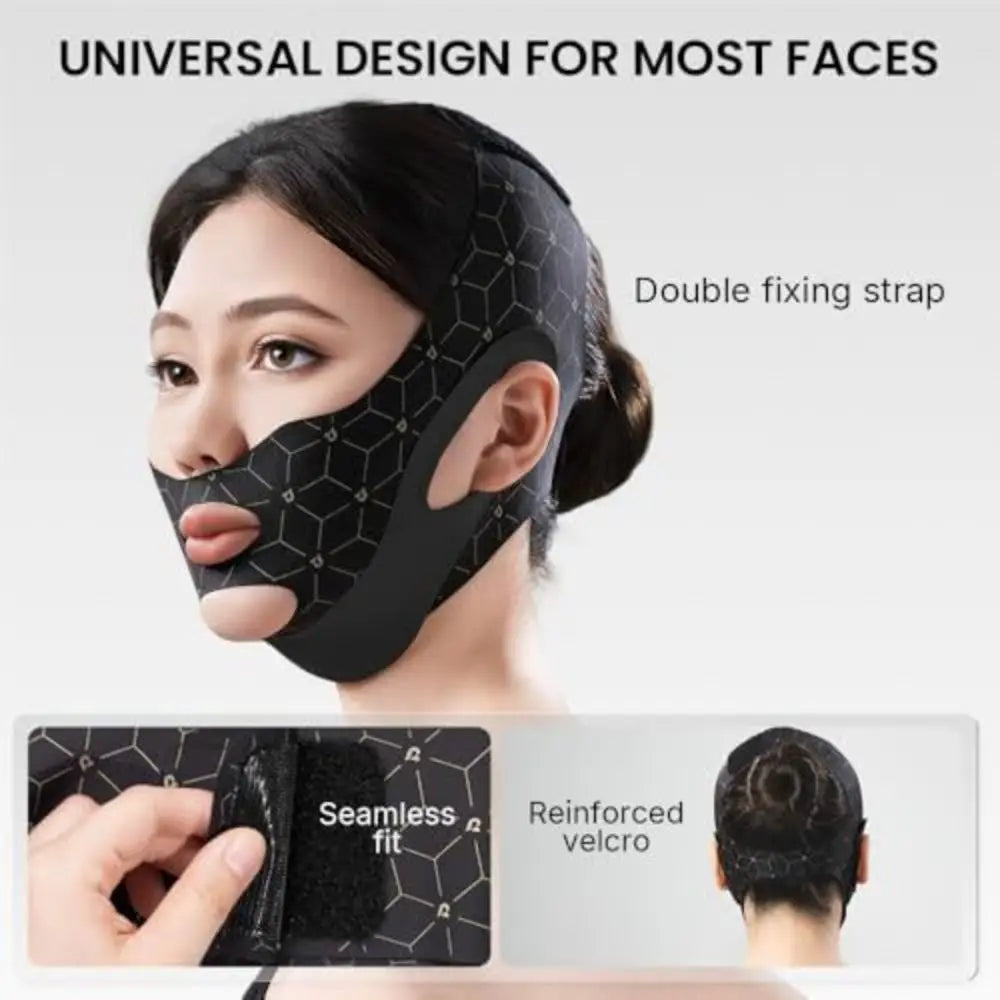 A woman wearing a black universal design face mask with a double fixing strap, showing the seamless fit and reinforced velcro