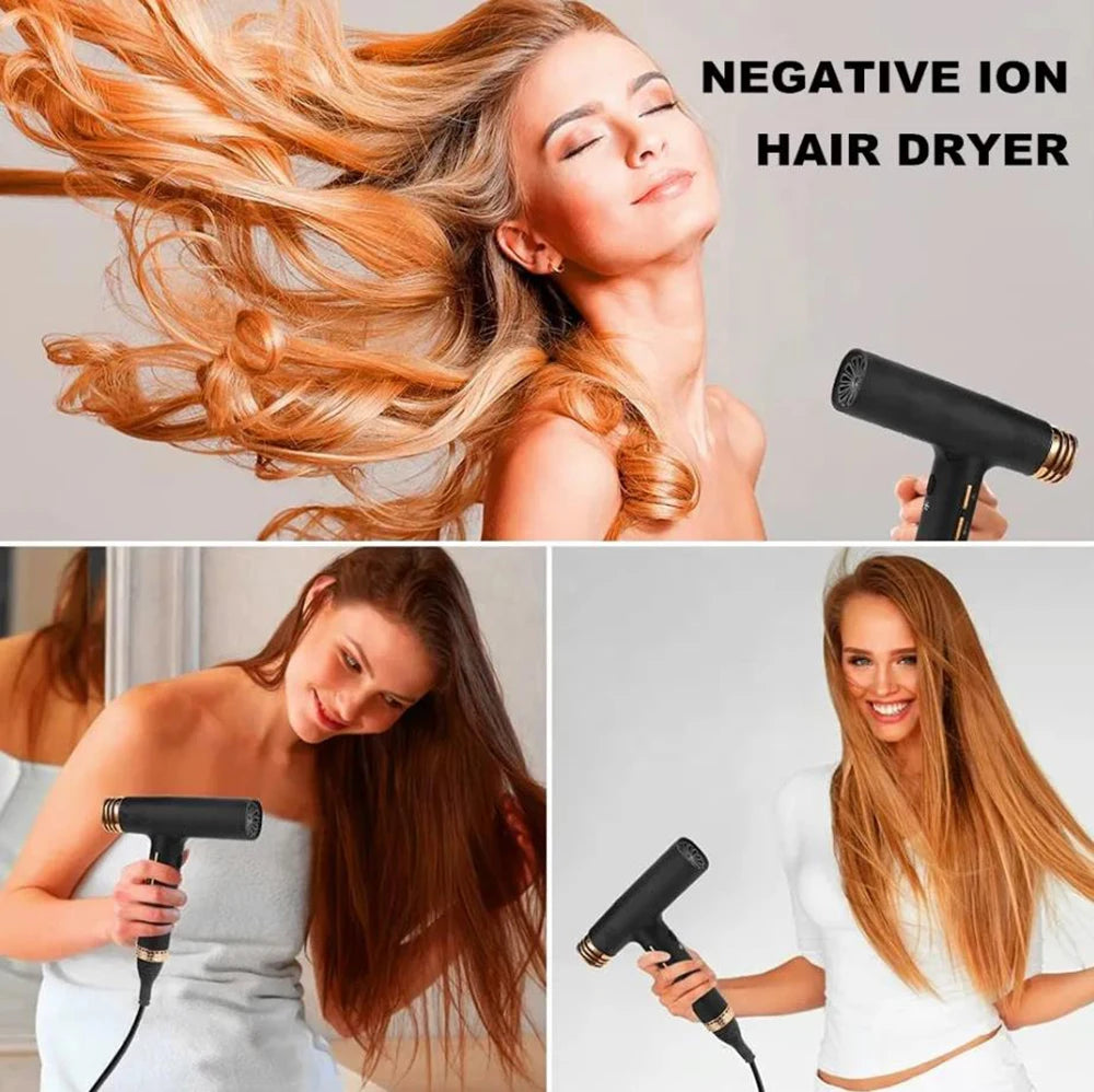 Eine Frau verwendet einen schwarzen negativen Ionen-Haartrockner, um ihr langes, gewelltes blondes Haar zu stylen.