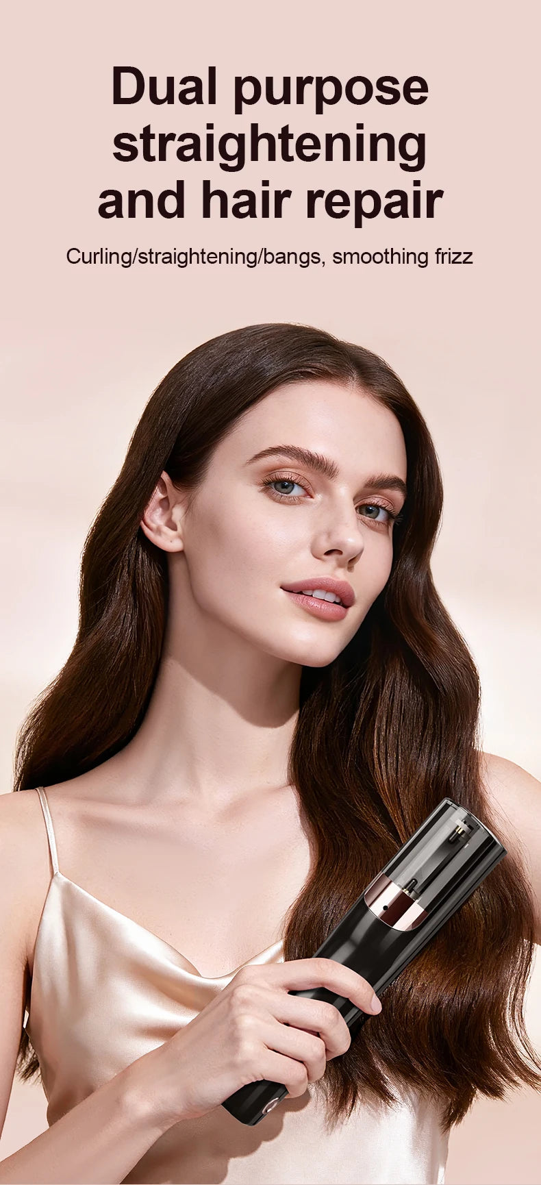 A woman is using a black cordless split hair clipper for straightening and hair repair on her long brown hair.