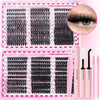 A pink box displaying fluffy lash clusters for eyelash extensions with various styles and lengths.