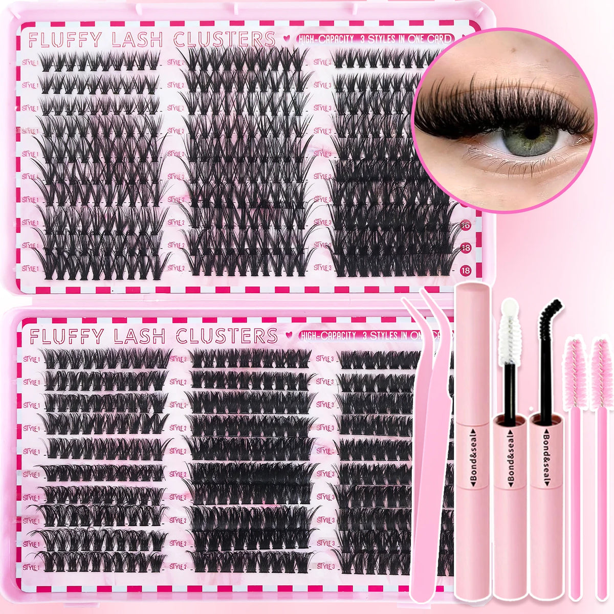 A pink box displaying fluffy lash clusters for eyelash extensions with various styles and lengths.