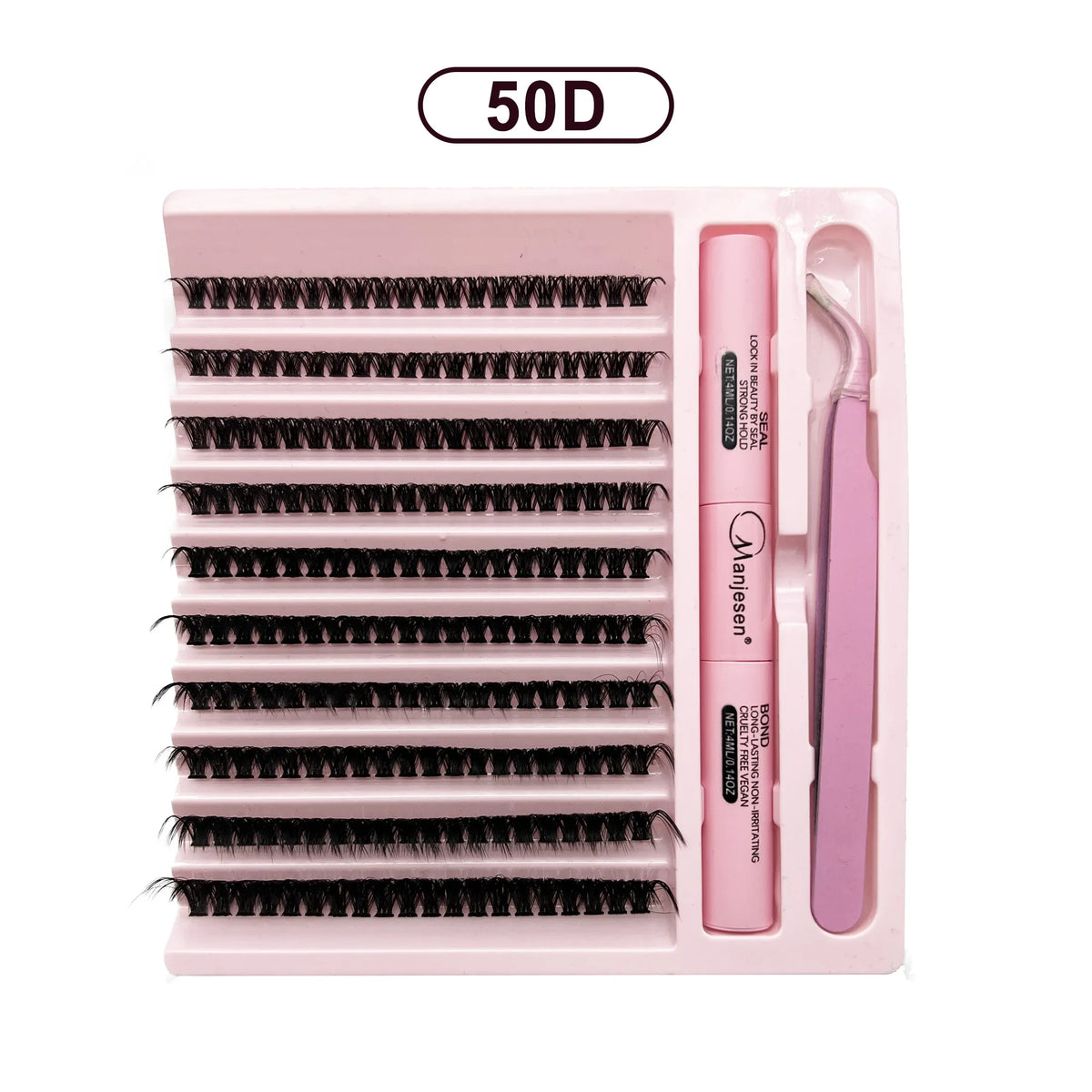 A pink plastic kit containing a 50D eyelash extension tool and lash fibers for DIY application.