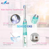 A white kids electric toothbrush with a teal grip and light blue accents, shown next to features like LED light and IPX7 wate