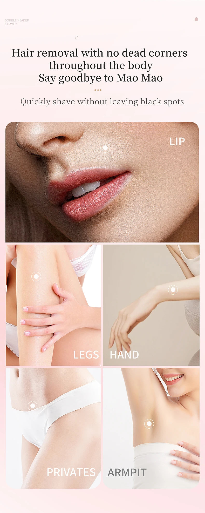 A collage showing hair removal results on the lip, legs, hand, private areas, and armpit using a 2-in-1 electric razor.