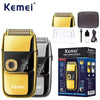 A yellow and black Kemei electric shaver shown with various attachments and packaging.