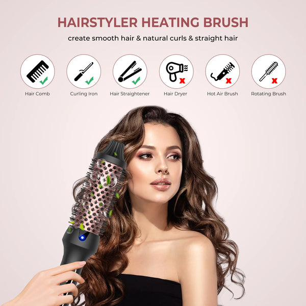 A woman is holding a black hair styling brush, demonstrating its use for creating smooth hair and natural curls.