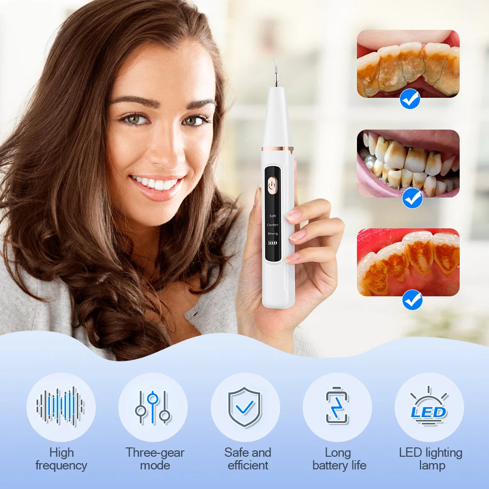 A woman holds an ultrasonic dental scaler device, demonstrating its use for cleaning teeth.