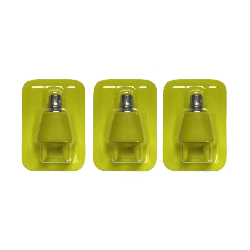 A set of three universal replacement razor blades in lime green plastic packaging.