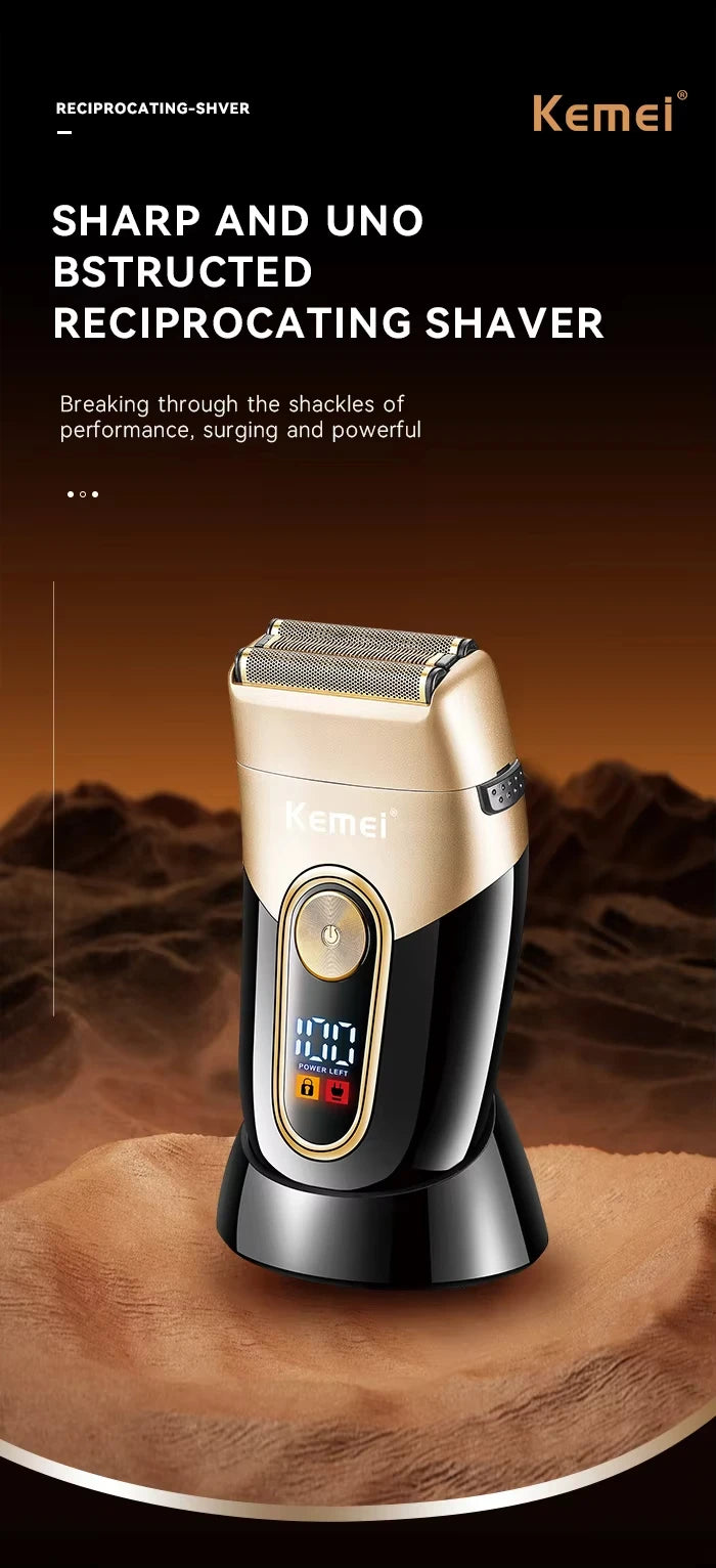 A close-up of a beige and black Kemei reciprocating shaver resting on a brown, textured surface.