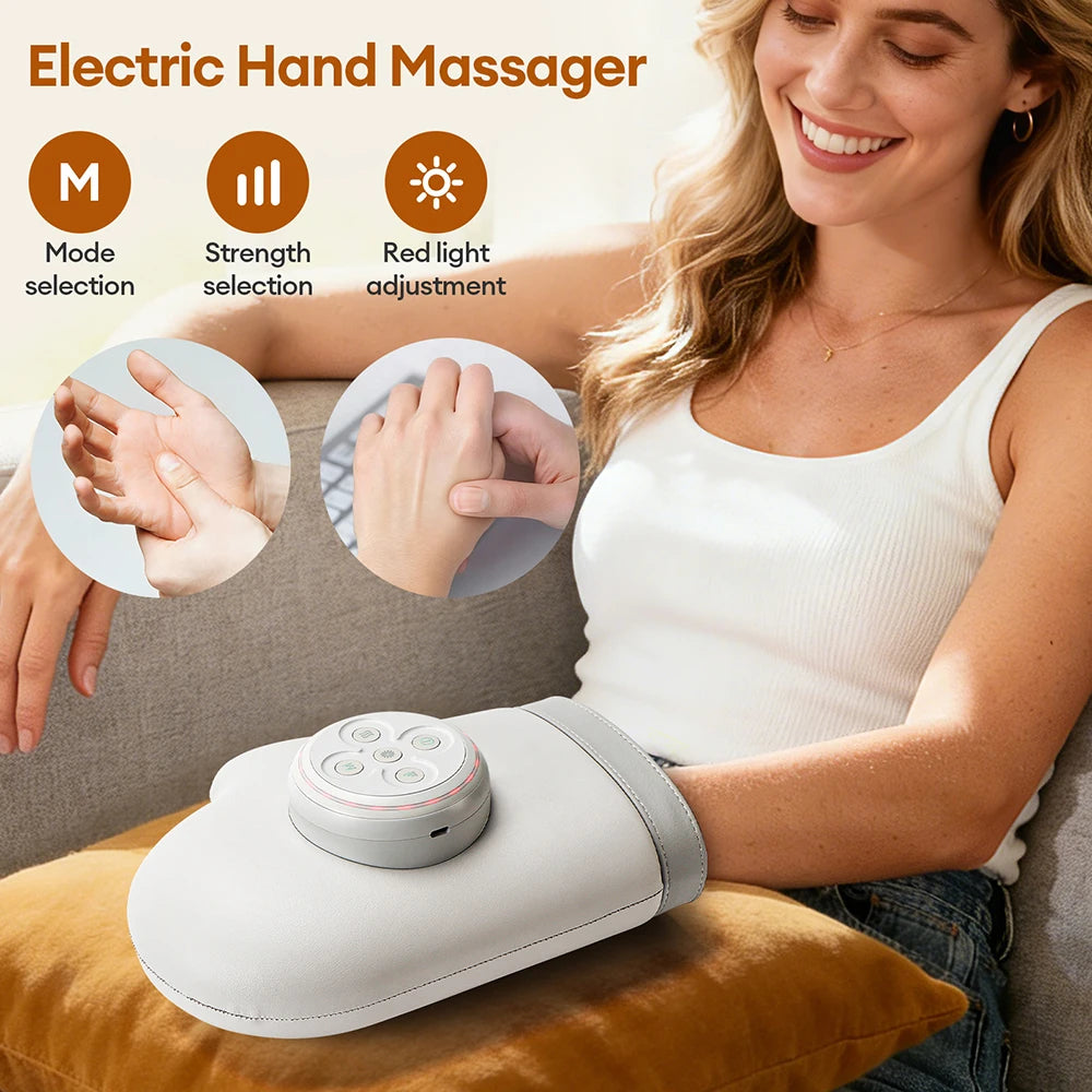 A woman is using a white electric hand massager on her hand, demonstrating its features.