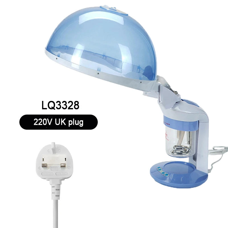 A blue facial and hair steamer device with a clear dome and a power cord is shown.