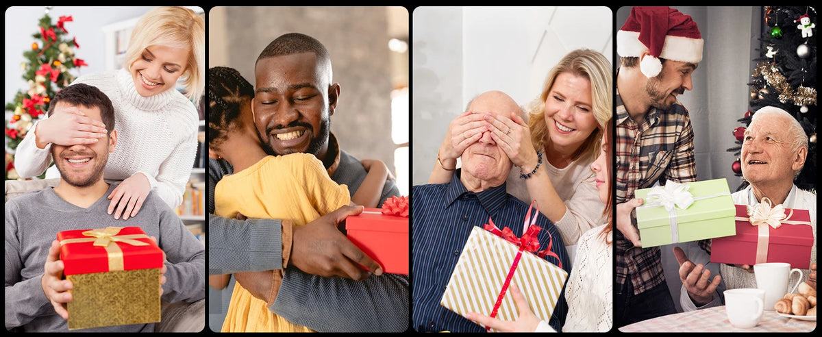 A collage of people receiving or giving gift boxes, including a man and woman, in various festive and casual settings.