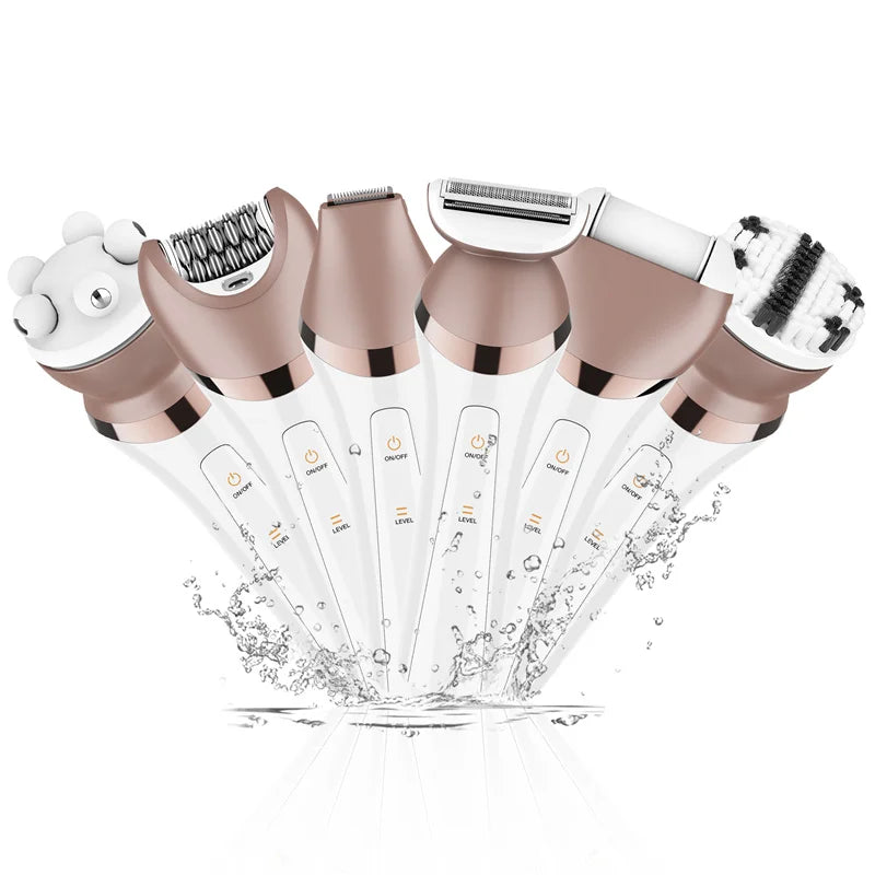 A set of six portable electric hair removers in rose gold and white are shown spraying hair onto a surface.