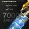 Close-up of a professional cordless hair trimmer motor showing speed and power specifications.