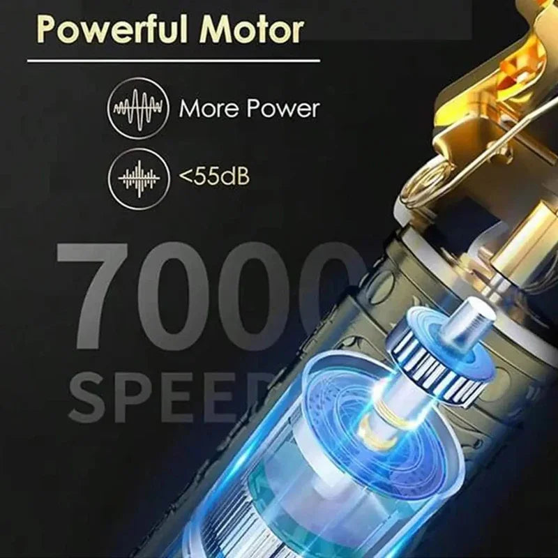 Close-up of a professional cordless hair trimmer motor showing speed and power specifications.