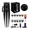 A professional electric hair trimmer kit showing various guard attachments and the main trimmer unit.