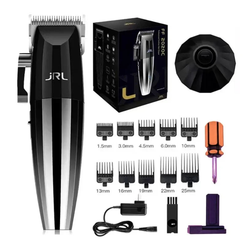 A professional electric hair trimmer kit showing various guard attachments and the main trimmer unit.