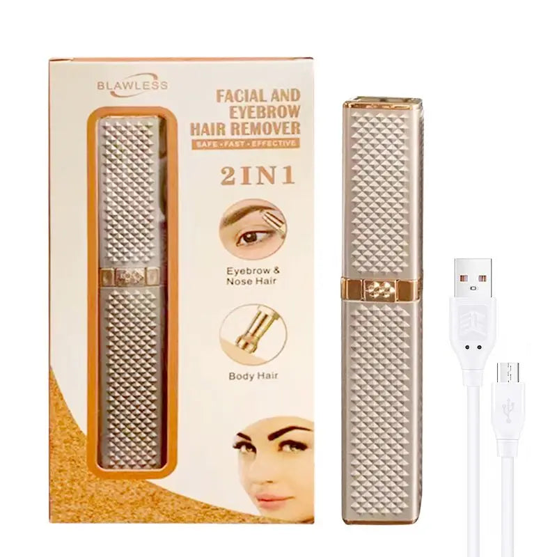 Una caja y un dispositivo eléctrico portátil para depilar vello facial y de cejas con acabado plateado.