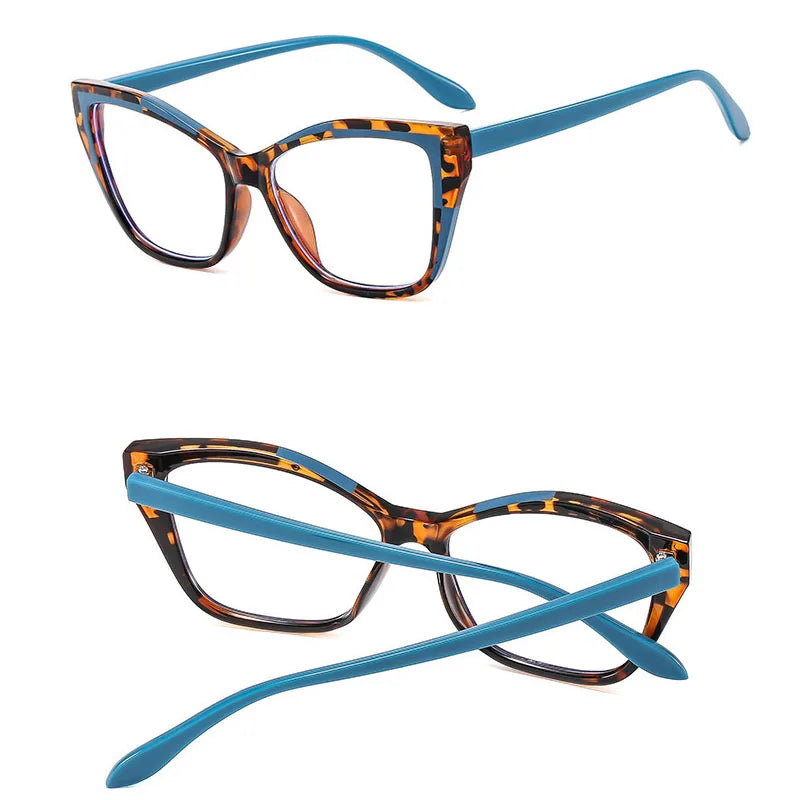 Lunettes de lecture élégantes à œil de chat avec montures en écaille et branches bleues