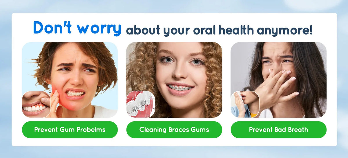 A graphic showing three women smiling and demonstrating oral hygiene benefits: preventing gum problems, cleaning braces gums,