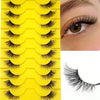 A yellow plastic tray holding ten pairs of wispy black cat eye false eyelashes.