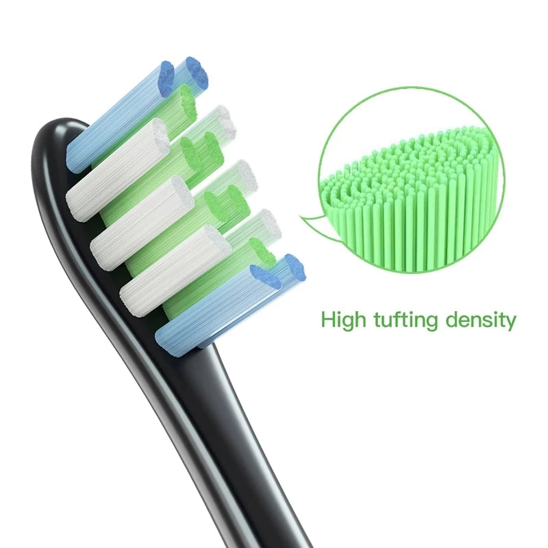 Replacement brush heads for sonic toothbrushes showing various colors and high tufting density