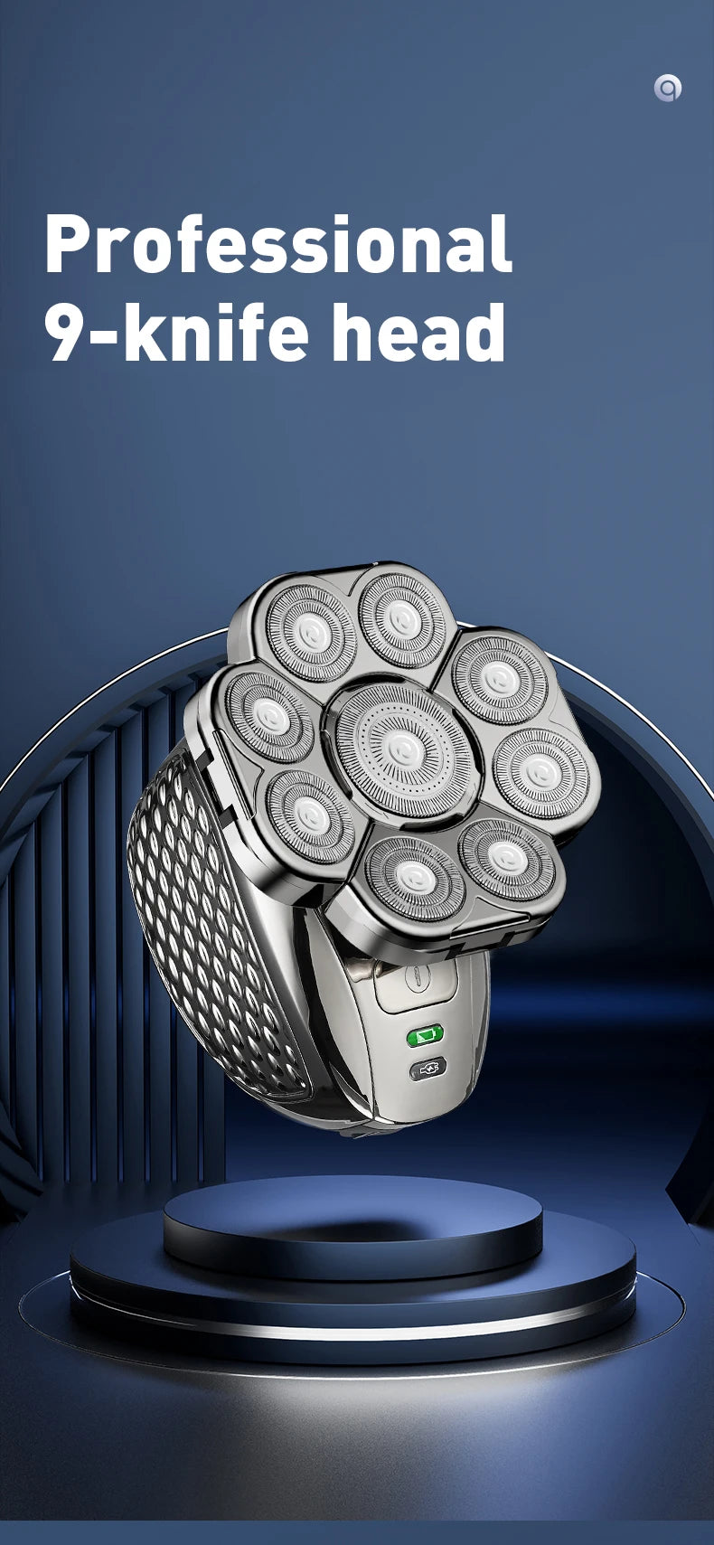 A close-up view of a professional 9-knife head shaver with multiple rotating cutting elements resting on a dark surface.