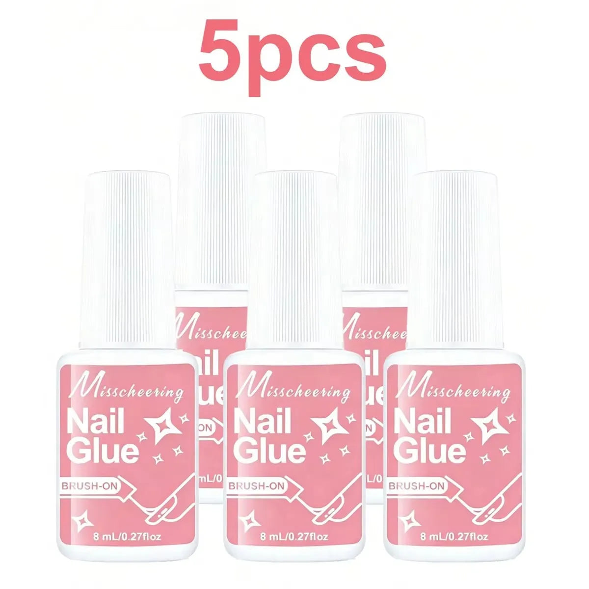 Five bottles of Misscheering Nail Glue in pink packaging with brush-on applicators