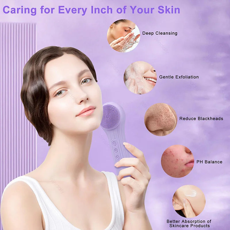 A woman is using a purple sonic facial cleansing brush for deep cleansing, exfoliation, and skin care.