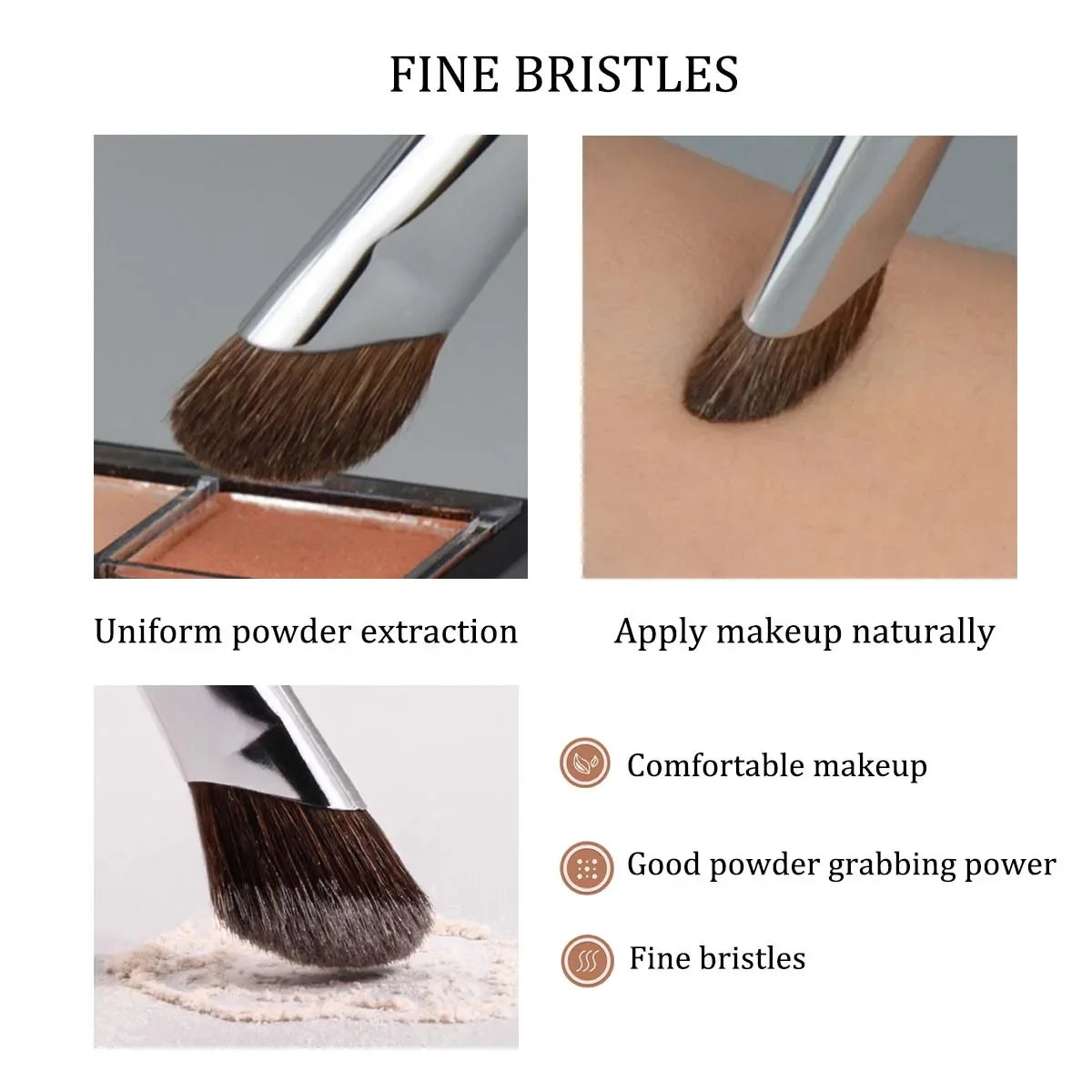 Close-up view of a fine bristle makeup brush demonstrating uniform powder extraction and natural application.