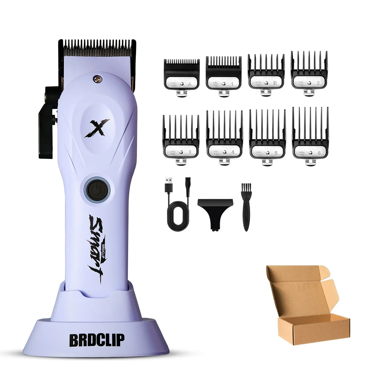 A purple and black multi-function hair grooming kit with various combs and tools is displayed next to its packaging box.