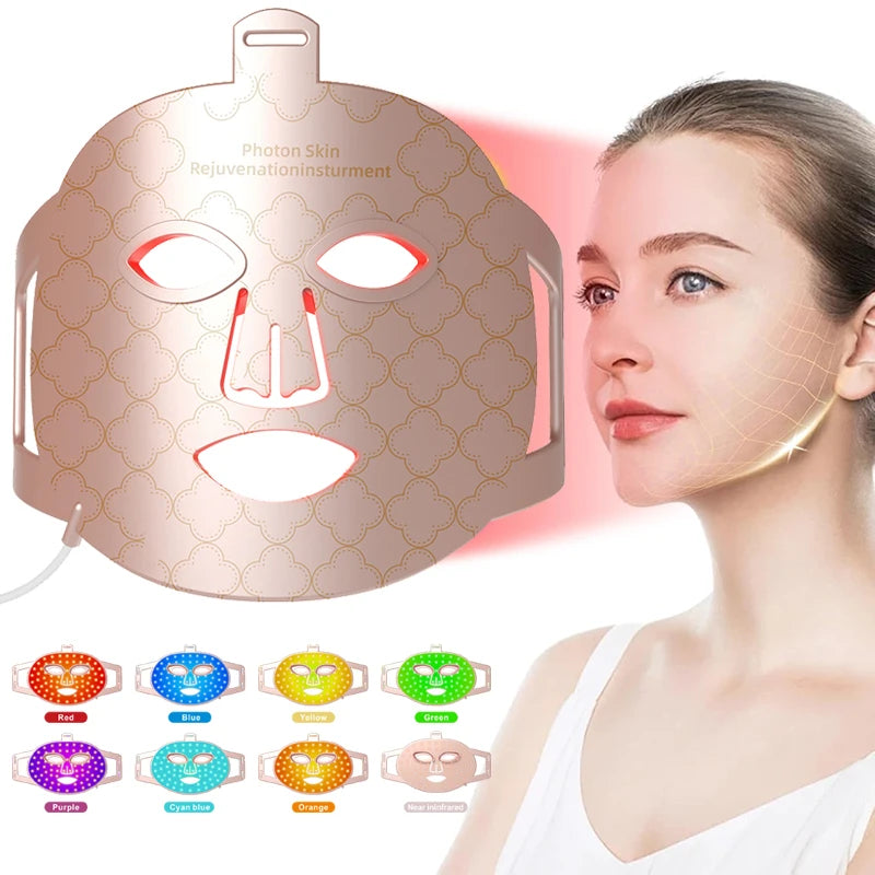 A pink photon skin rejuvenation instrument mask with various color LED lights shown next to a woman's face.