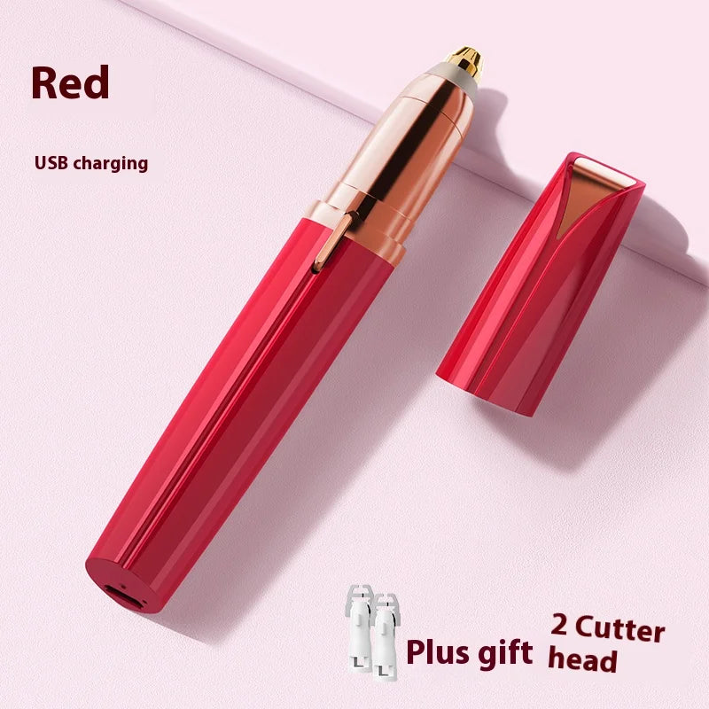 A red electric eyebrow trimmer with a gold tip and a separate cutter head is shown against a light pink background.