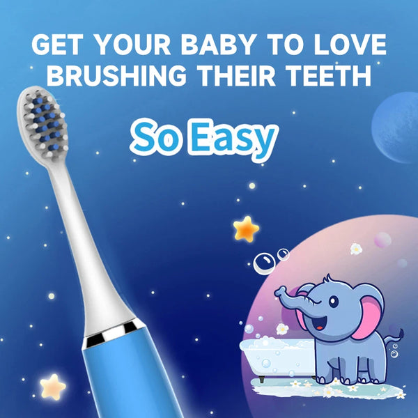 A baby elephant is shown next to a toothbrush, illustrating how easy it is for a baby to love brushing their teeth.