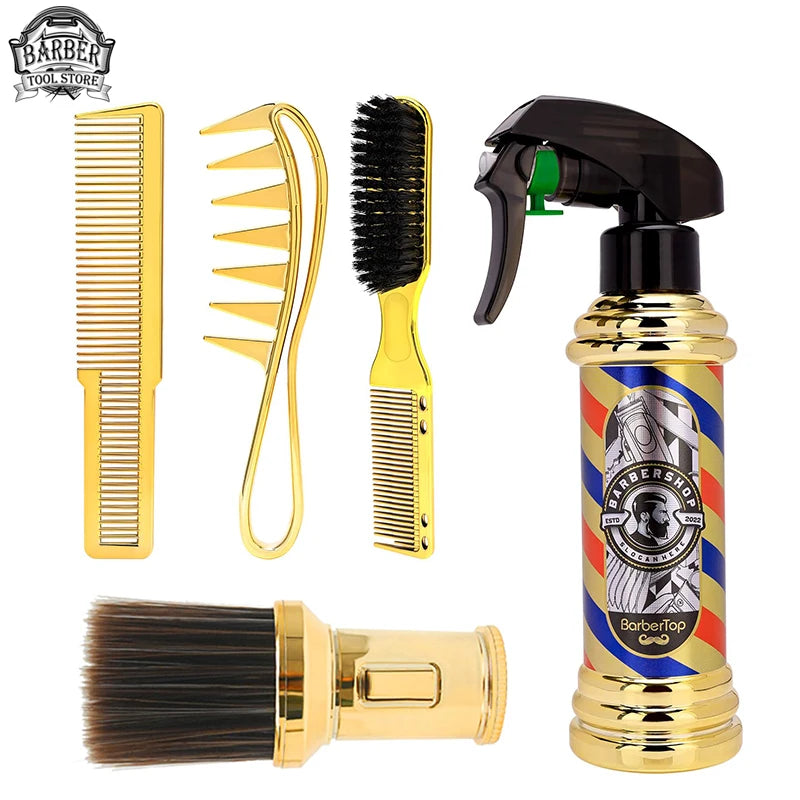A set of professional barber tools including a comb, brush, and spray bottle in gold and black.