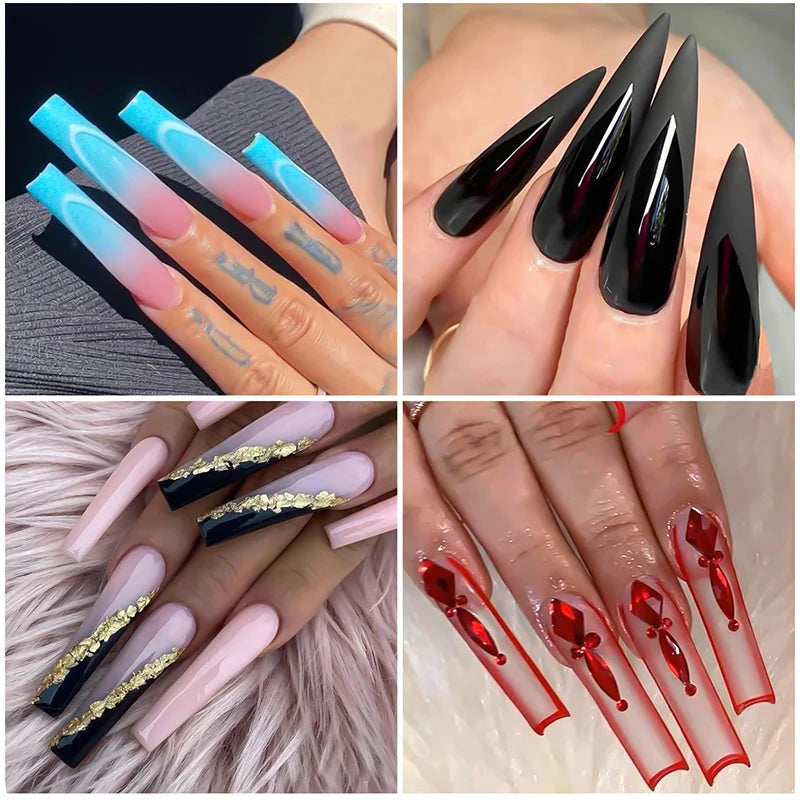 Photos rapprochées de différentes pointes de ongles en acrylique en forme de C, dans des tons de bleu, rose, noir et rouge.