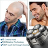 Close-up of a grooming device showing six cutter heads and 4D rotating technology for thorough shaving.