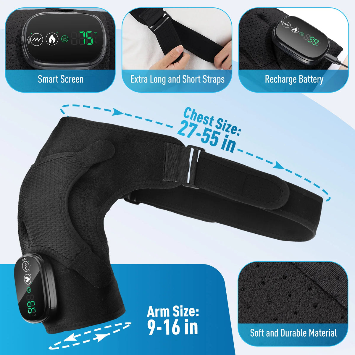 A black electric shoulder heating and vibration massager shown with accessories and size guidelines.