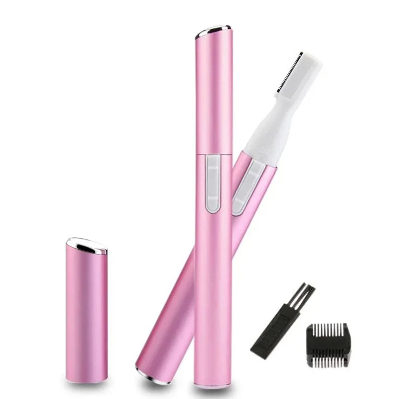 Afeitadora eléctrica rosa para cejas con cepillo de arreglo blanco y cabeza separada, sobre fondo blanco.