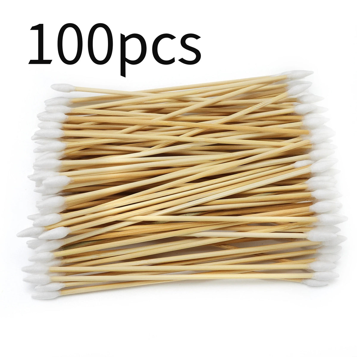 A bundle of 100 precision wooden cotton swabs with white tips.