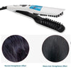 A white hair straightener iron with a black comb attachment, showing normal and steam hair straightening effects.