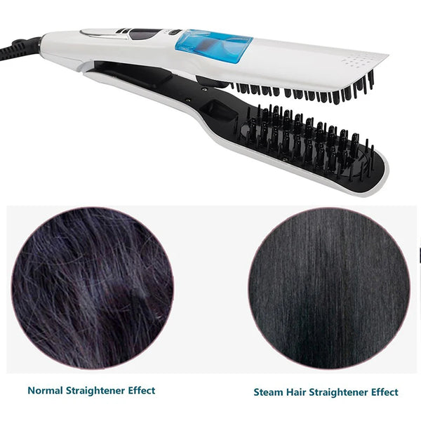 Plancha de pelo blanca con peine negro, mostrando efectos normales y de alisado con vapor.