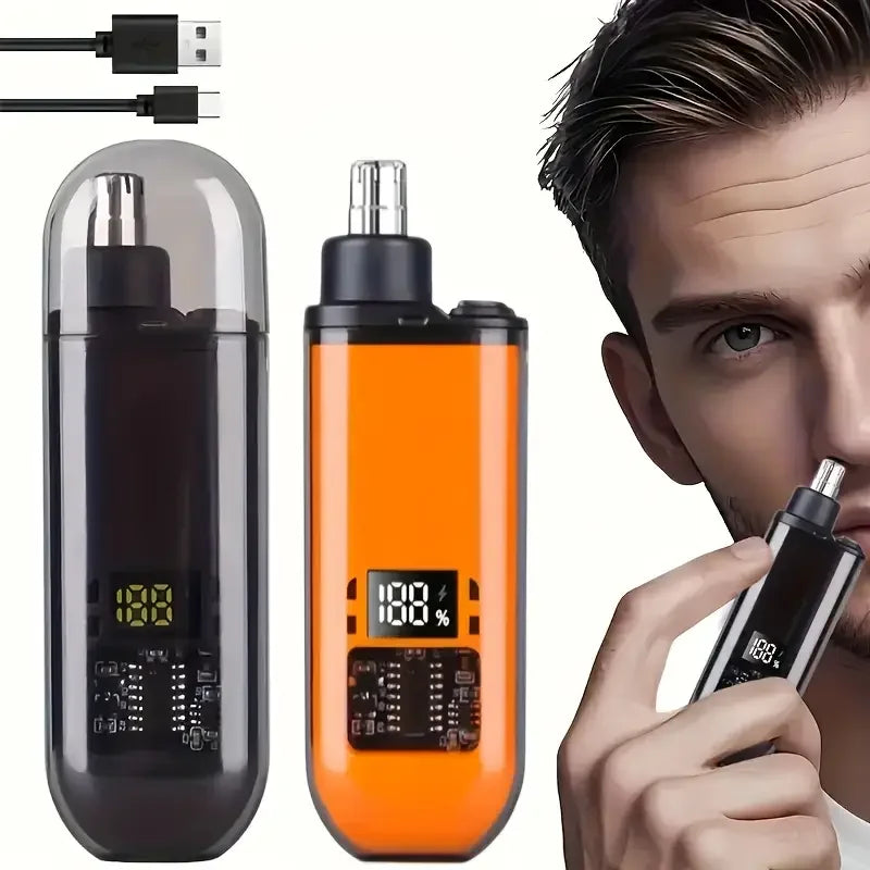 A close-up of an orange rechargeable nose hair trimmer device being held by a man.
